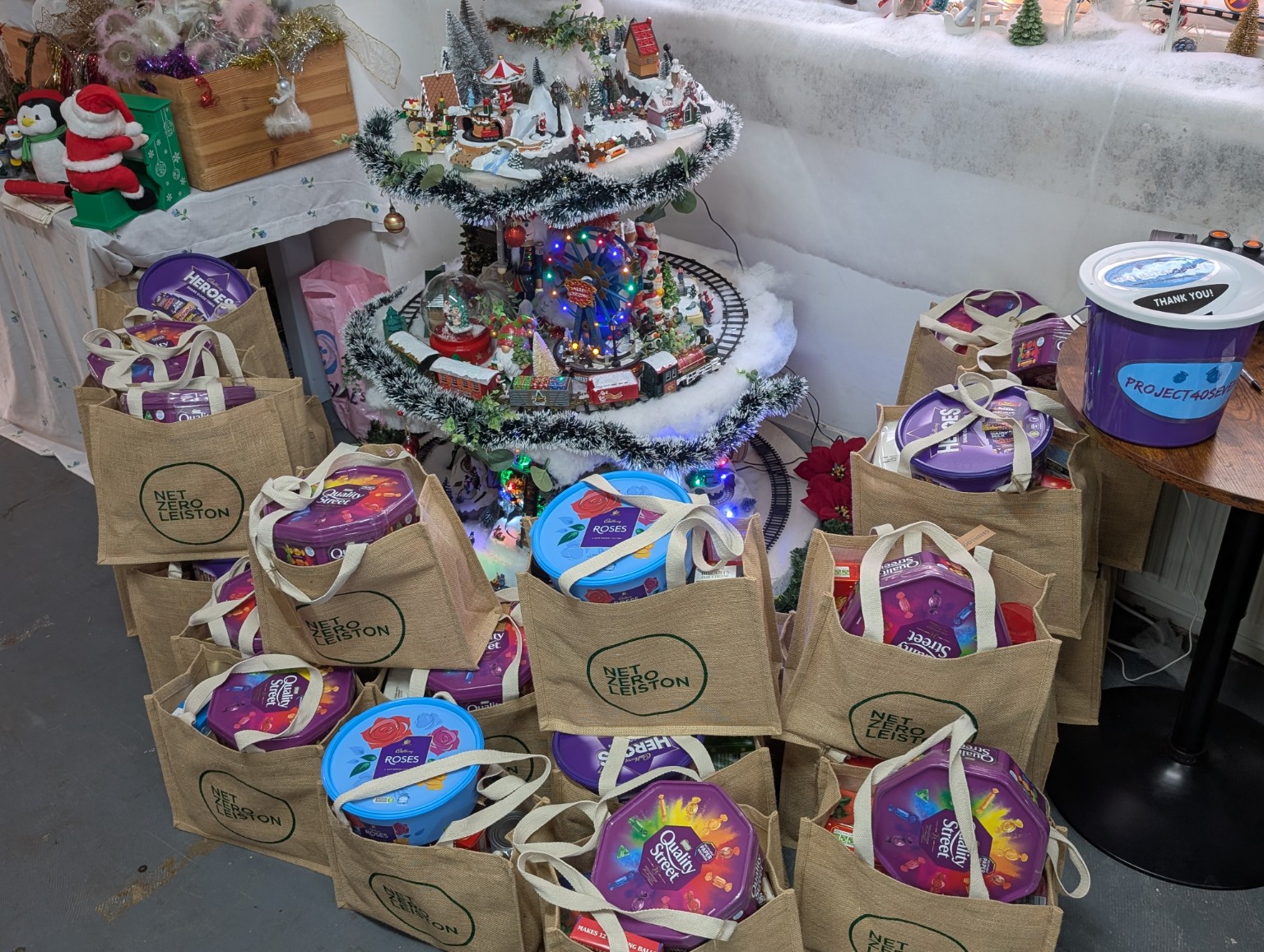 Christmas dinner pack bags filled with food and festive essentials
