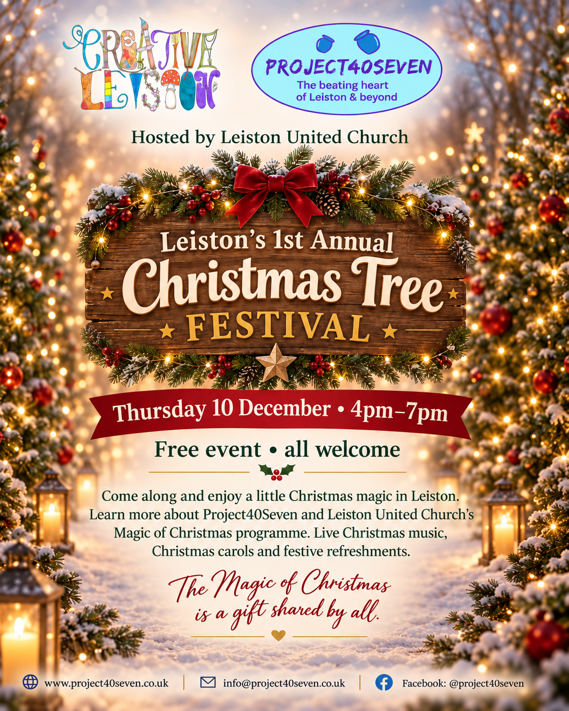 Leiston’s first annual Christmas Tree Festival, Thursday 10 December, 4pm–7pm, hosted at Leiston United Church. Free event, all welcome.